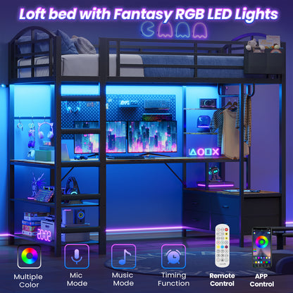 Twin Size Loft Bed with L Shaped Desk and 4 Drawers, Metal Bed Frame with Storage Shelf, Power Outlet and LED Lighted, No Box Spring Needed, Black