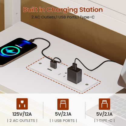Twin Size Corner Bed Frame With Charging Station and LED Lights, Modern Metal Daybed Bed Frame with 2 Storage Drawers, White
