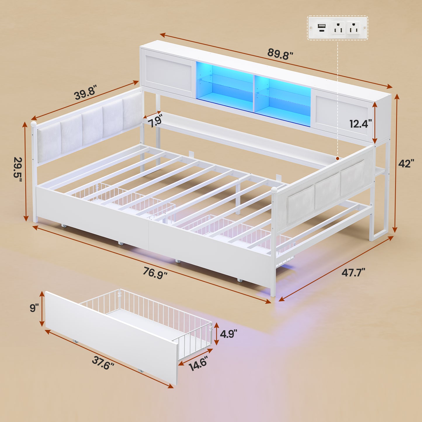Twin Size Corner Bed Frame With Charging Station and LED Lights, Modern Metal Daybed Bed Frame with 2 Storage Drawers, White