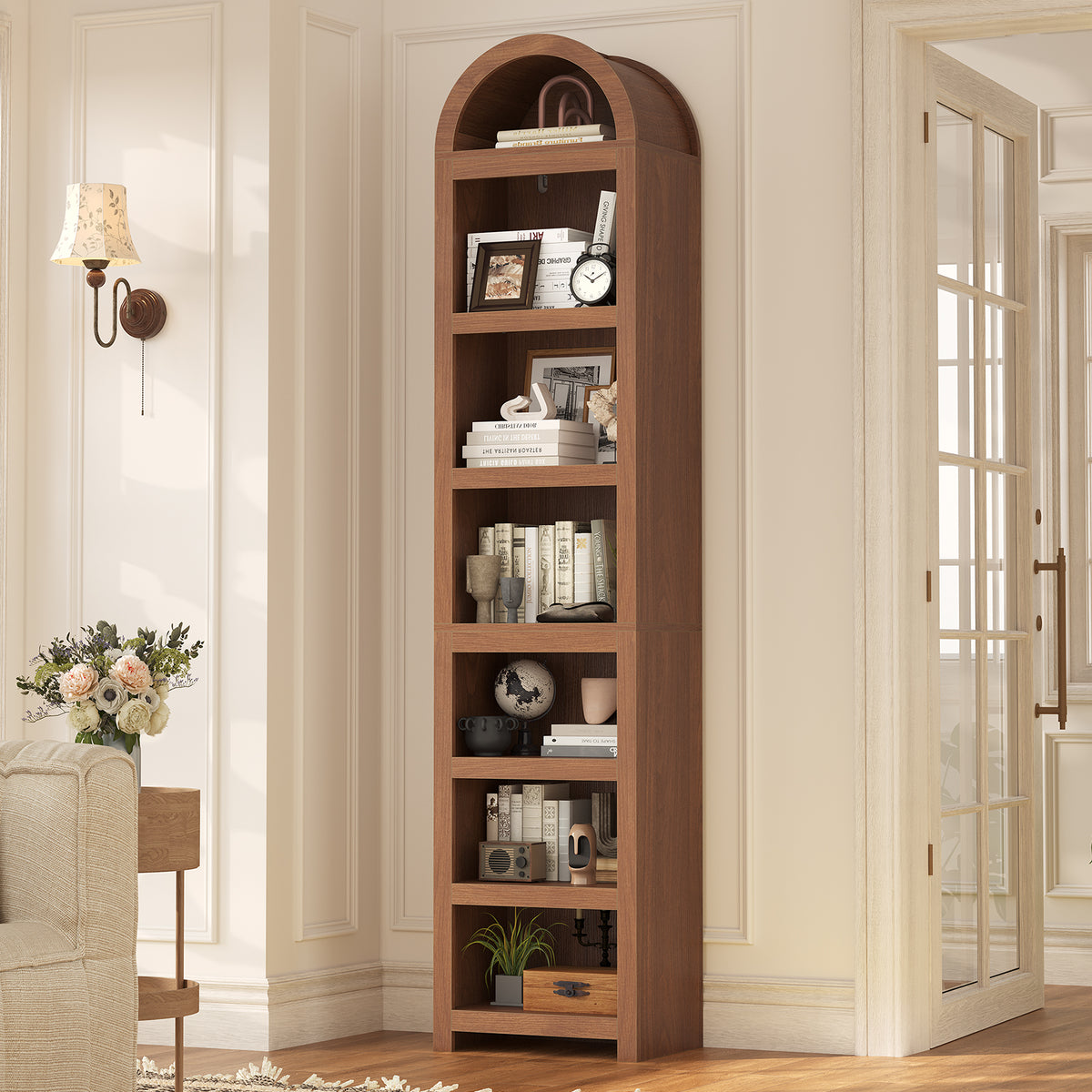 76" Tall Narrow Arched Bookcase, 7-Teir Mid-Century Modern Bookshelf with Adjustable Shelves for Living Room, Home Office, Brown