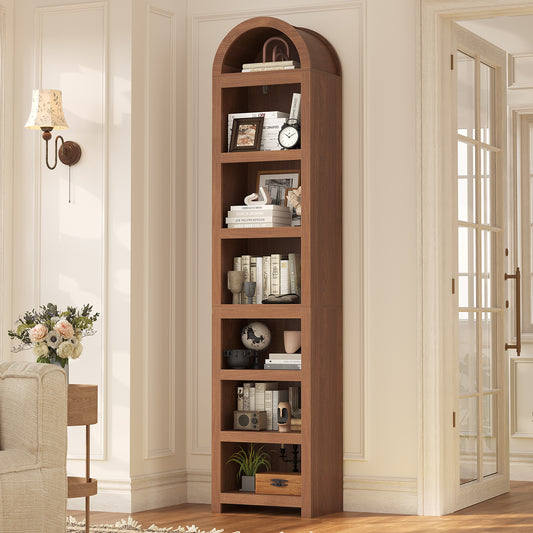 76" Tall Narrow Arched Bookcase, 7-Teir Mid-Century Modern Bookshelf with Adjustable Shelves for Living Room, Home Office, Brown