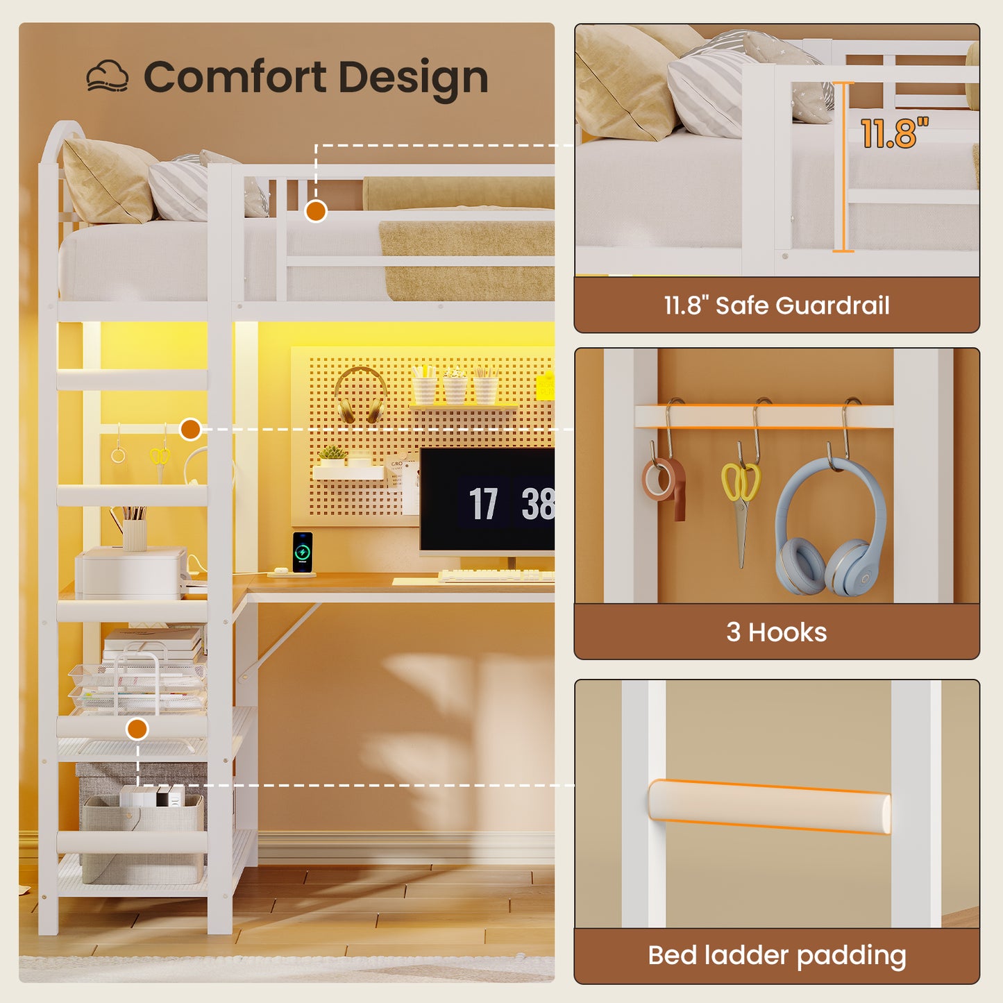 Twin Size Loft Bed with L Shaped Desk and 4 Drawers, Metal Bed Frame with Storage Shelf, Power Outlet and LED Lighted, No Box Spring Needed, Black