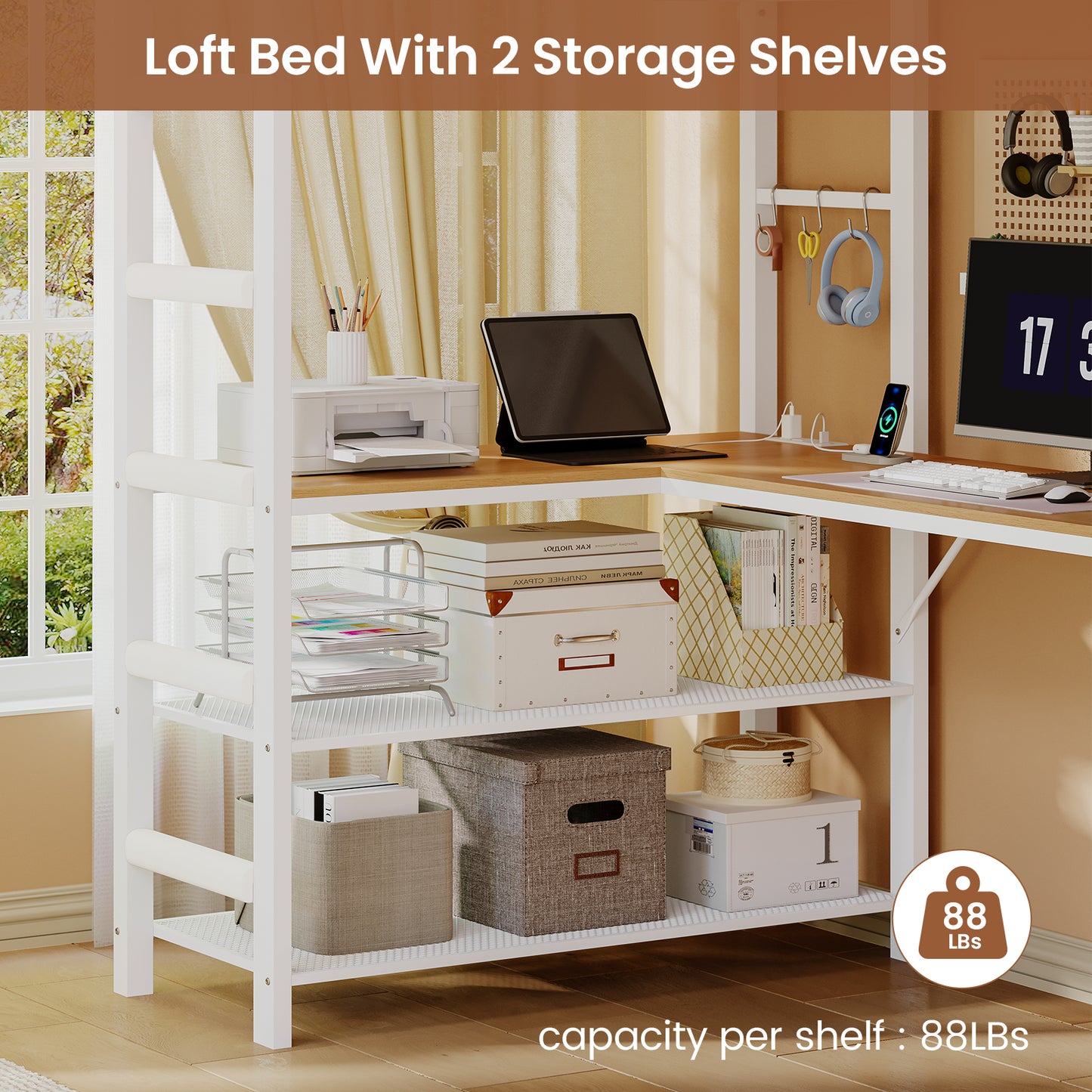 Twin Size Loft Bed with L Shaped Desk and 4 Drawers, Metal Bed Frame with Storage Shelf, Power Outlet and LED Lighted, No Box Spring Needed, Black