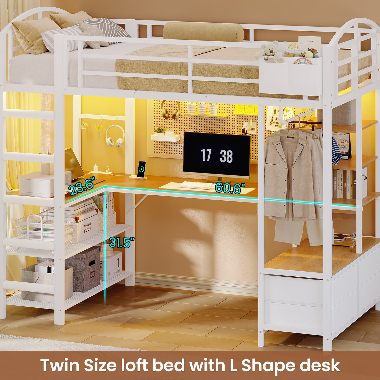 Twin Size Loft Bed with L Shaped Desk and 4 Drawers, Metal Bed Frame with Storage Shelf, Power Outlet and LED Lighted, No Box Spring Needed, Black