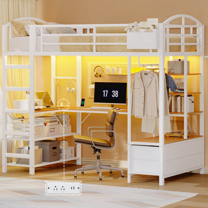 Twin Size Loft Bed with L Shaped Desk and 4 Drawers, Metal Bed Frame with Storage Shelf, Power Outlet and LED Lighted, No Box Spring Needed, Black