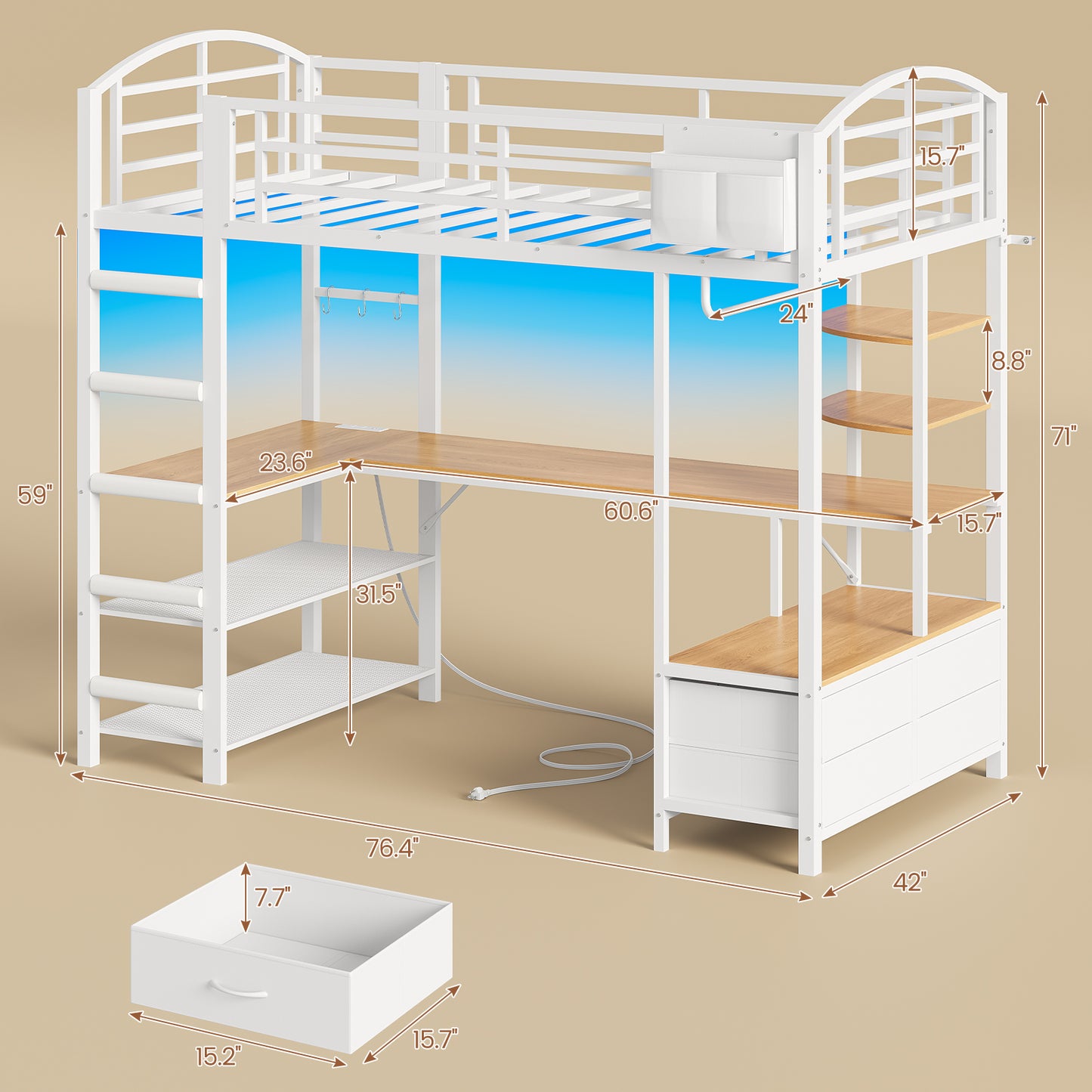 Twin Size Loft Bed with L Shaped Desk and 4 Drawers, Metal Bed Frame with Storage Shelf, Power Outlet and LED Lighted, No Box Spring Needed, Black
