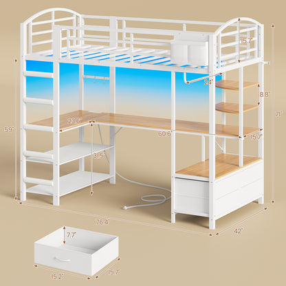 Twin Size Loft Bed with L Shaped Desk and 4 Drawers, Metal Bed Frame with Storage Shelf, Power Outlet and LED Lighted, No Box Spring Needed, Black
