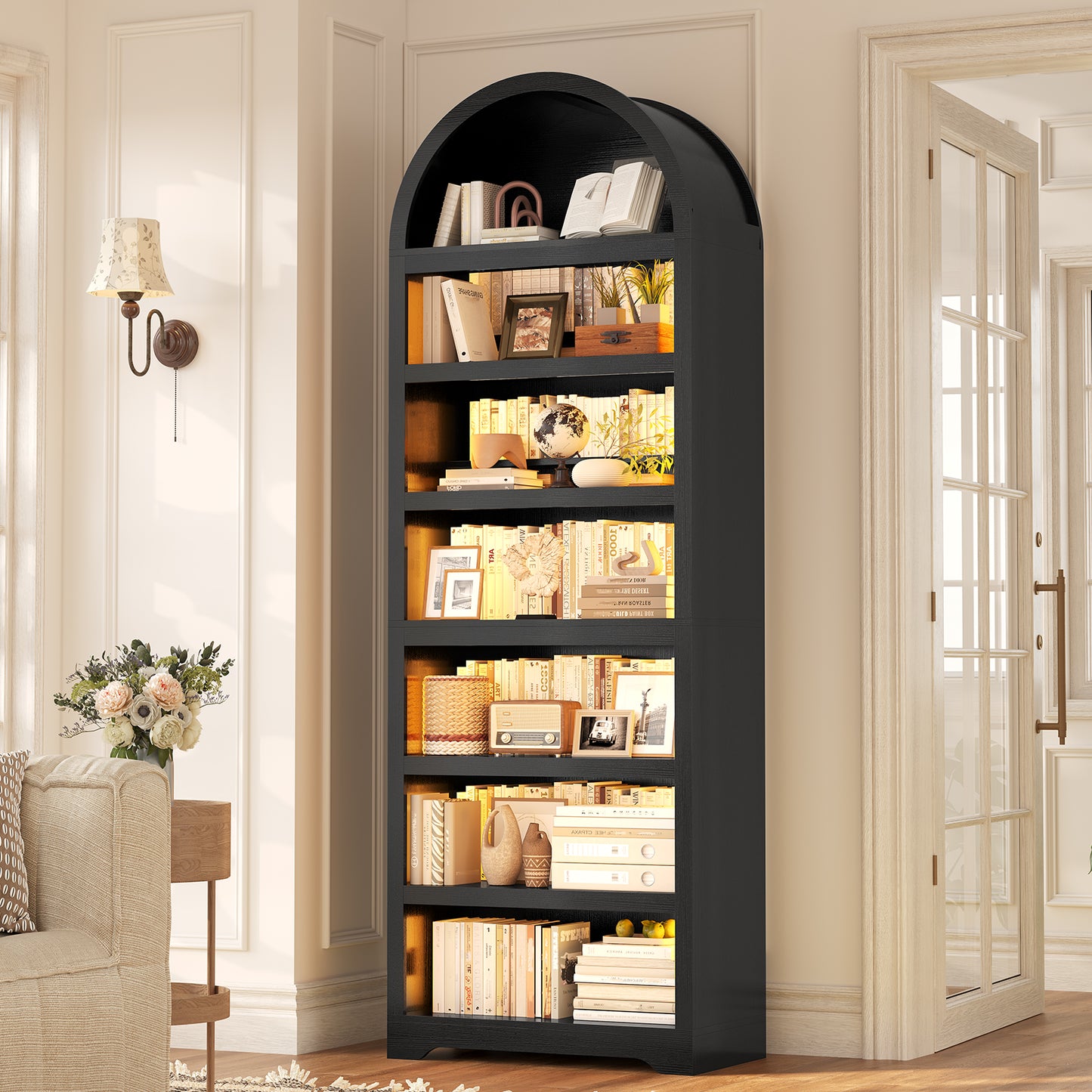 79.4" Tall Arched Cabinet, Modern 7-Tier Bookshelf with RGB Light and Adjustable Shelf for Living Room, Kitchen, Home Office, Black