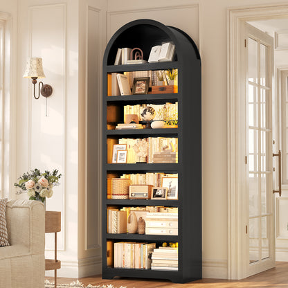 79.4" Tall Arched Cabinet, Modern 7-Tier Bookshelf with RGB Light and Adjustable Shelf for Living Room, Kitchen, Home Office, Black