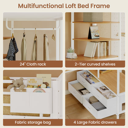 Twin Size Loft Bed with L Shaped Desk and 4 Drawers, Metal Bed Frame with Storage Shelf, Power Outlet and LED Lighted, No Box Spring Needed, Black