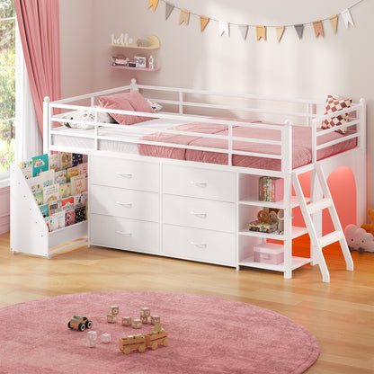 Low Loft Bed Twin Size with 6 Storage Drawers, Metal Loft Bed with 5-Tier Mobile Bookshelf and LED Lights, Under-Bed Play Space, White