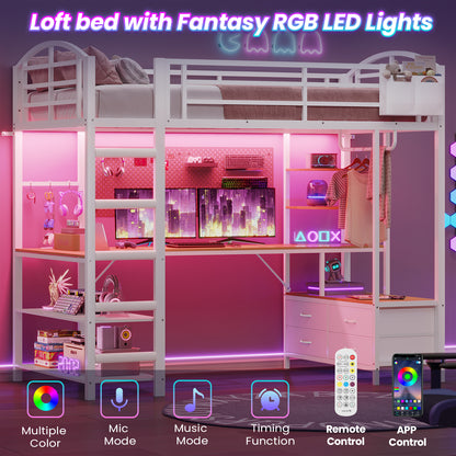 Twin Size Loft Bed with L Shaped Desk and 4 Drawers, Metal Bed Frame with Storage Shelf, Power Outlet and LED Lighted, No Box Spring Needed, Black