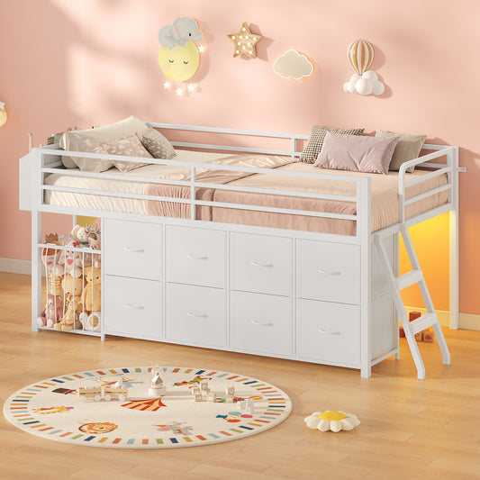 Low Loft Bed Twin Size with 8 Storage Drawers, Twin Loft Bed with LED Lights and Play Zone, Metal Loft Bed with Under-bed Play Space, No Box Spring Needed, White