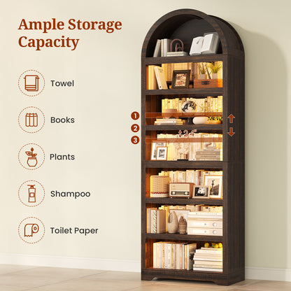 79.4" Tall Arched Cabinet, Modern 7-Tier Bookshelf with RGB Light and Adjustable Shelf, Brown