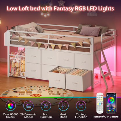 Low Loft Bed Twin Size with 8 Storage Drawers, Twin Loft Bed with LED Lights and Play Zone, Metal Loft Bed with Under-bed Play Space, No Box Spring Needed, White