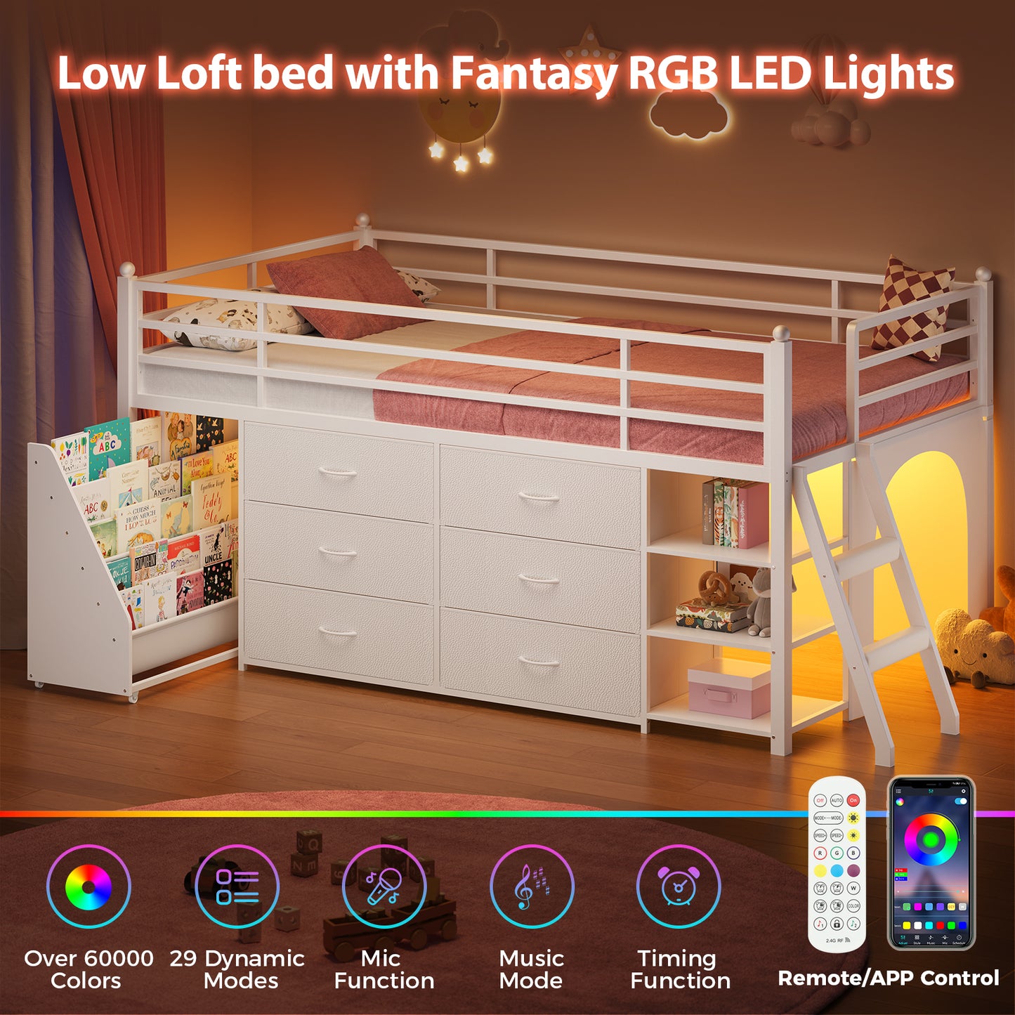 Low Loft Bed Twin Size with 6 Storage Drawers, Metal Loft Bed with 5-Tier Mobile Bookshelf and LED Lights, Under-Bed Play Space, White