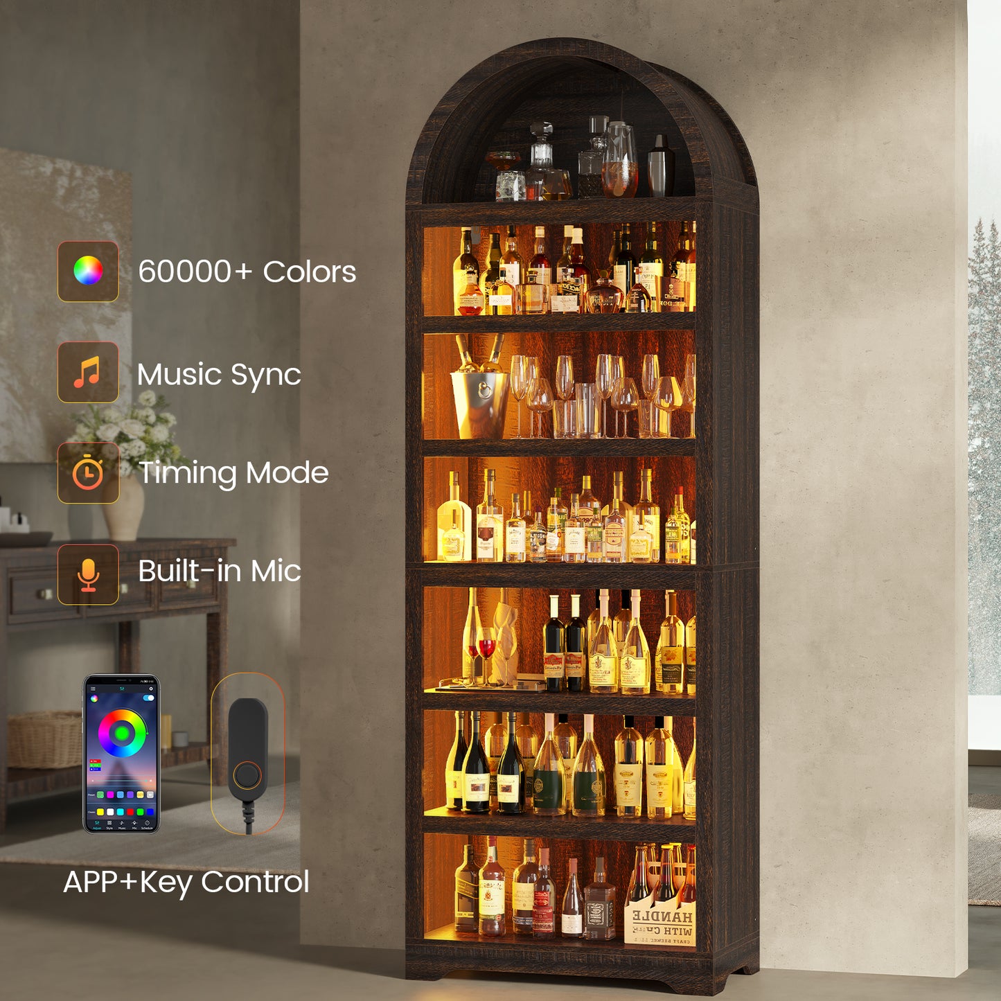 79.4" Tall Arched Cabinet, Modern 7-Tier Bookshelf with RGB Light and Adjustable Shelf, Brown