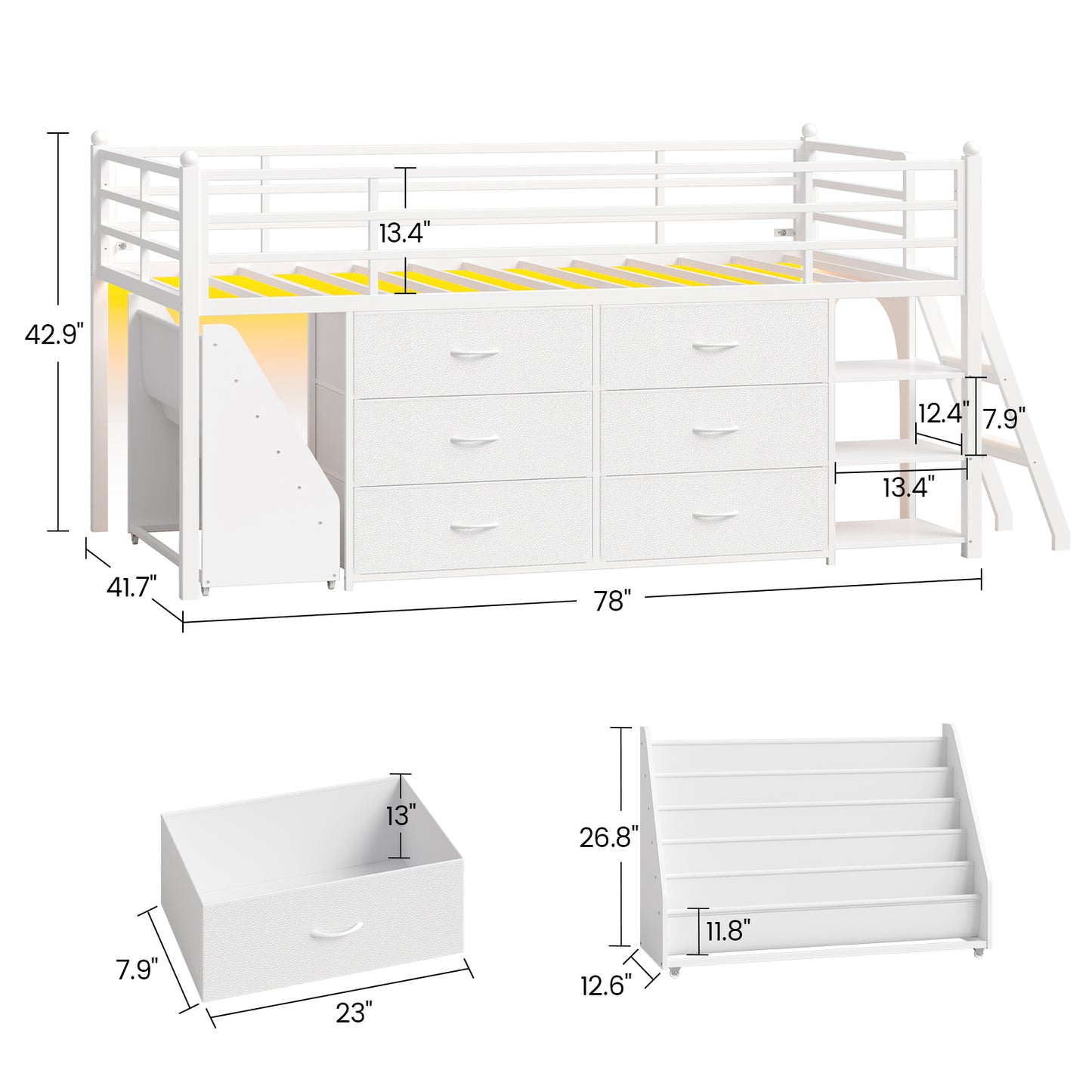 Low Loft Bed Twin Size with 6 Storage Drawers, Metal Loft Bed with 5-Tier Mobile Bookshelf and LED Lights, Under-Bed Play Space, White
