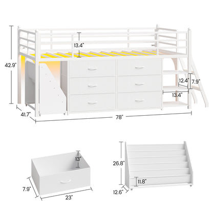 Low Loft Bed Twin Size with 6 Storage Drawers, Metal Loft Bed with 5-Tier Mobile Bookshelf and LED Lights, Under-Bed Play Space, White