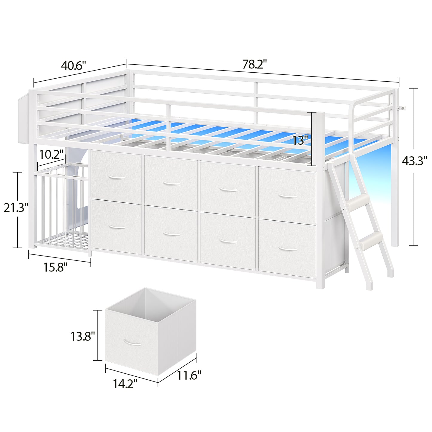 Low Loft Bed Twin Size with 8 Storage Drawers, Twin Loft Bed with LED Lights and Play Zone, Metal Loft Bed with Under-bed Play Space, No Box Spring Needed, White