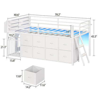 Low Loft Bed Twin Size with 8 Storage Drawers, Twin Loft Bed with LED Lights and Play Zone, Metal Loft Bed with Under-bed Play Space, No Box Spring Needed, White