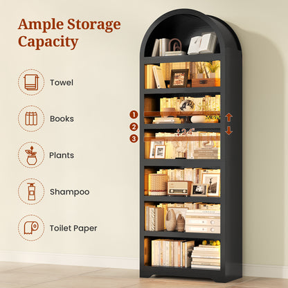 79.4" Tall Arched Cabinet, Modern 7-Tier Bookshelf with RGB Light and Adjustable Shelf for Living Room, Kitchen, Home Office, Black
