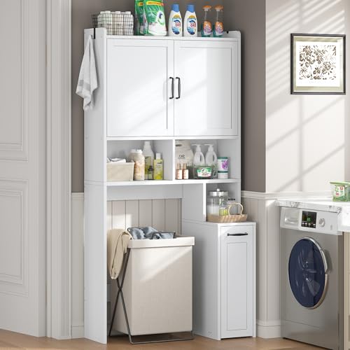 Over The Toilet Storage Cabinet with Pulley, Bathroom Storage Cabinet, with Adjustable Shelf and Open Shelf for Bathroom, Restroom, Laundry, White