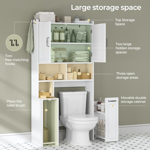 Over The Toilet Storage Cabinet with Pulley, Bathroom Storage Cabinet, with Adjustable Shelf and Open Shelf for Bathroom, Restroom, Laundry, White