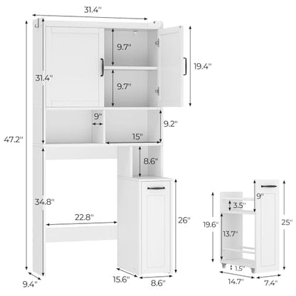 Over The Toilet Storage Cabinet with Pulley, Bathroom Storage Cabinet, with Adjustable Shelf and Open Shelf for Bathroom, Restroom, Laundry, White