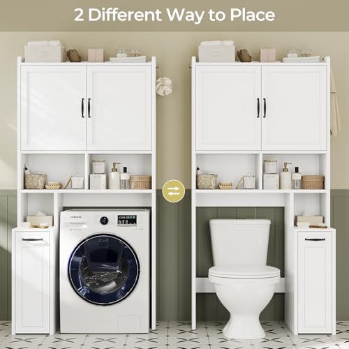 Over The Toilet Storage Cabinet with Pulley, Bathroom Storage Cabinet, with Adjustable Shelf and Open Shelf for Bathroom, Restroom, Laundry, White