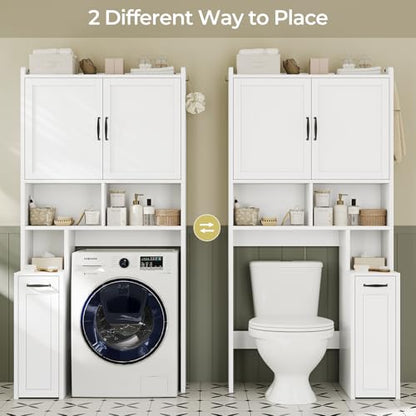 Over The Toilet Storage Cabinet with Pulley, Bathroom Storage Cabinet, with Adjustable Shelf and Open Shelf for Bathroom, Restroom, Laundry, White