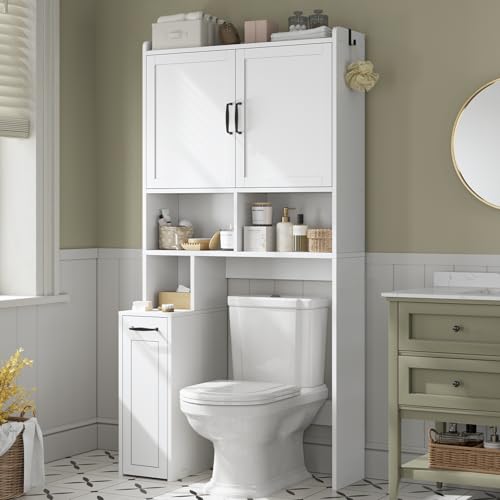 Over The Toilet Storage Cabinet with Pulley, Bathroom Storage Cabinet, with Adjustable Shelf and Open Shelf for Bathroom, Restroom, Laundry, White
