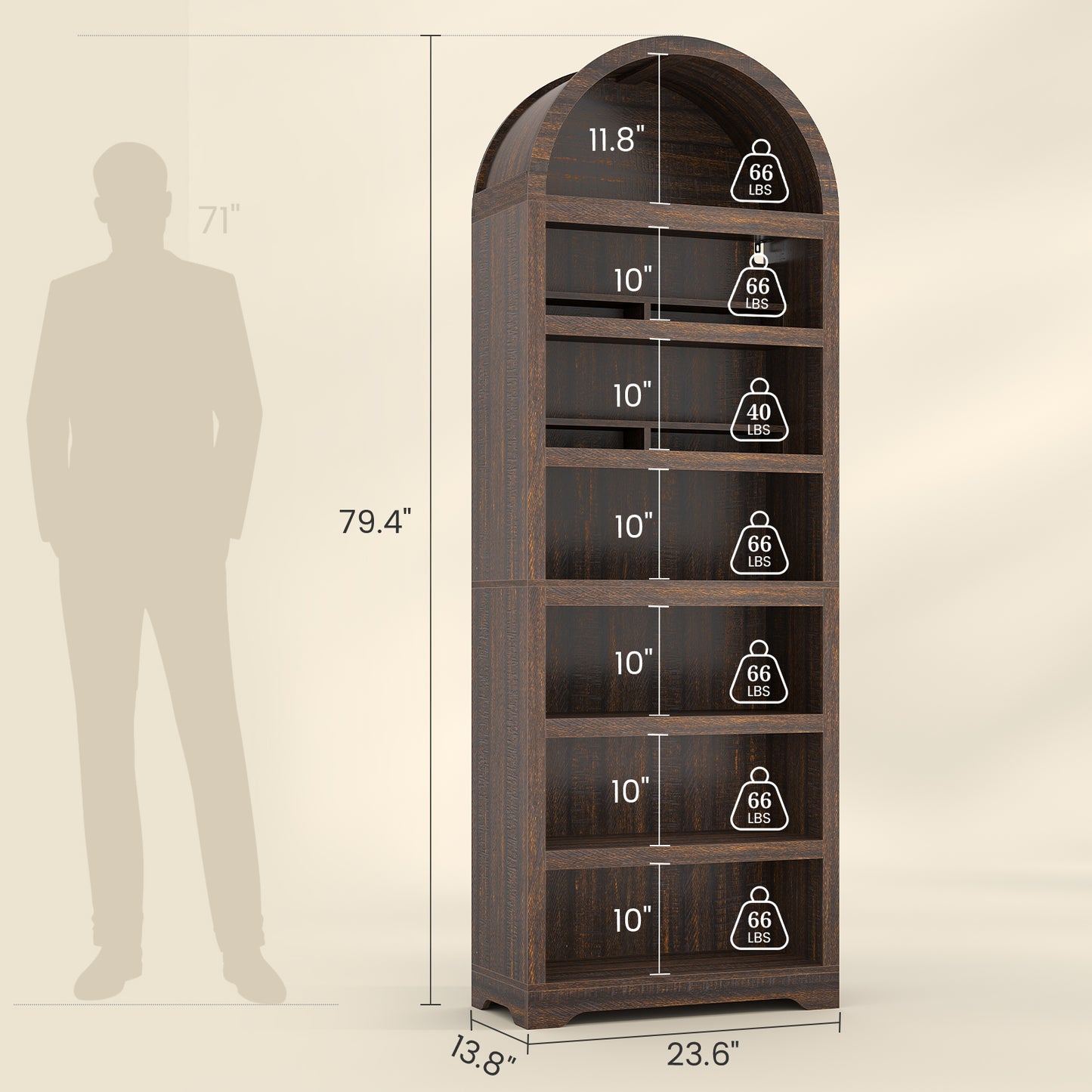 79.4" Tall Arched Cabinet, Modern 7-Tier Bookshelf with RGB Light and Adjustable Shelf, Brown