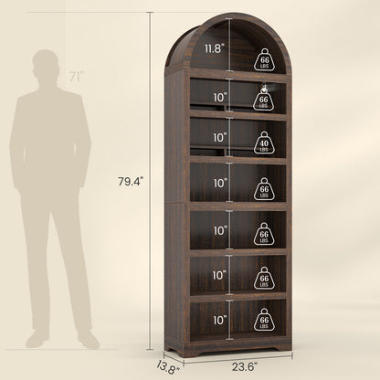 79.4" Tall Arched Cabinet, Modern 7-Tier Bookshelf with RGB Light and Adjustable Shelf, Brown