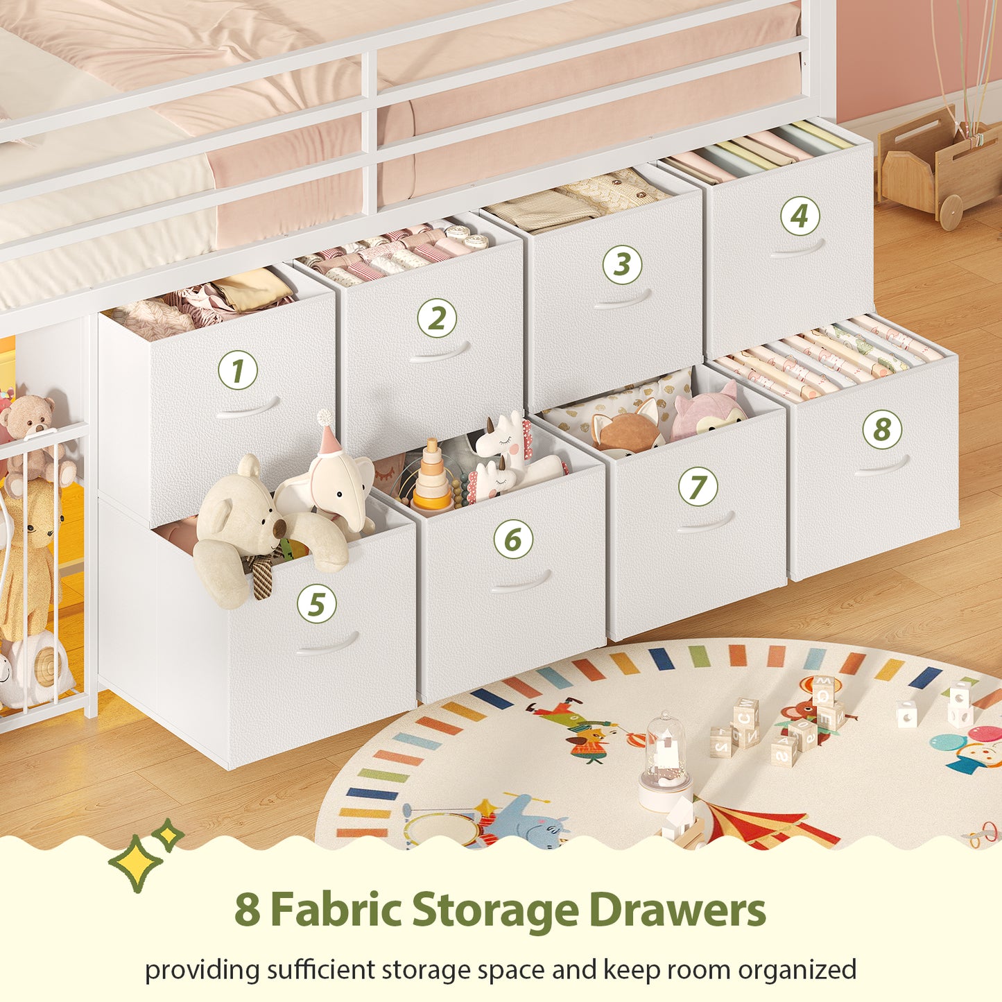 Low Loft Bed Twin Size with 8 Storage Drawers, Twin Loft Bed with LED Lights and Play Zone, Metal Loft Bed with Under-bed Play Space, No Box Spring Needed, White