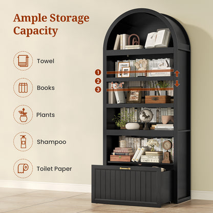 81" Tall Arched Cabinets, Bookcase with Storage Drawer, Mid-Century Modern 5-Tier Bookshelf for Living Room, Kitchen, Home Office, Black