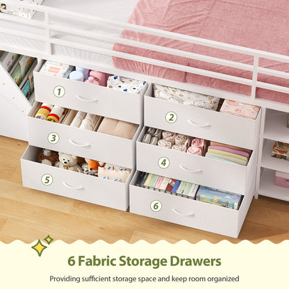 Low Loft Bed Twin Size with 6 Storage Drawers, Metal Loft Bed with 5-Tier Mobile Bookshelf and LED Lights, Under-Bed Play Space, White