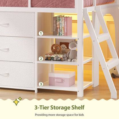 Low Loft Bed Twin Size with 6 Storage Drawers, Metal Loft Bed with 5-Tier Mobile Bookshelf and LED Lights, Under-Bed Play Space, White