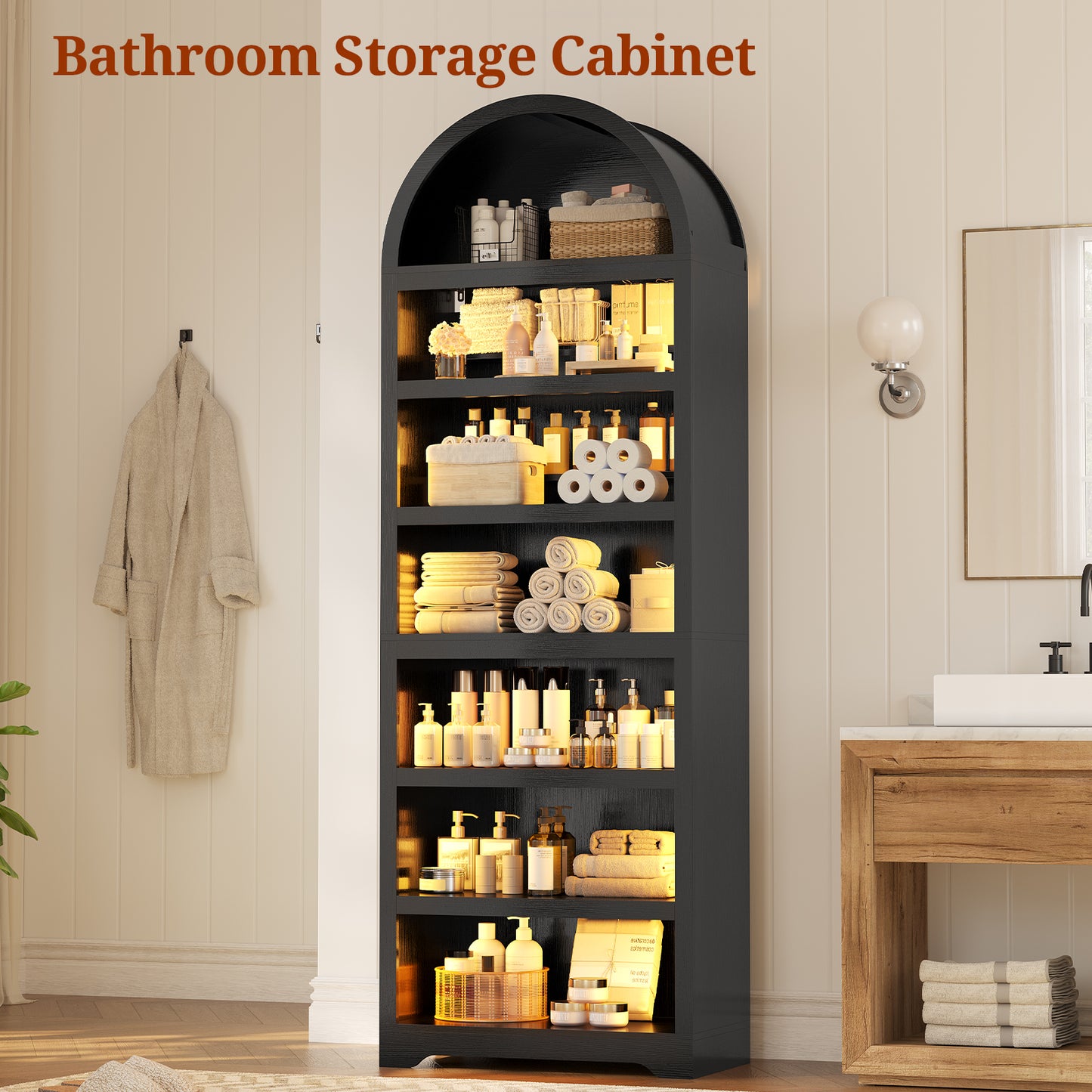 79.4" Tall Arched Cabinet, Modern 7-Tier Bookshelf with RGB Light and Adjustable Shelf for Living Room, Kitchen, Home Office, Black
