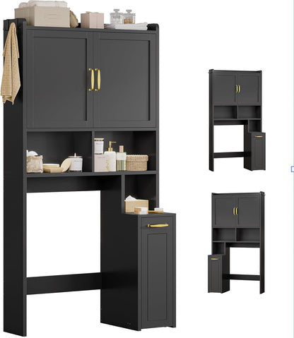 Over The Toilet Storage Cabinet with Pulley, Bathroom Storage Cabinet, with Adjustable Shelf and Open Shelf for Bathroom, Restroom, Laundry, Black