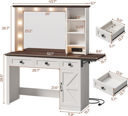 Makeup Vanity Desk with Charging Station, Dressing Table with 3 Lighting Modes and 3 Drawers, Antique White
