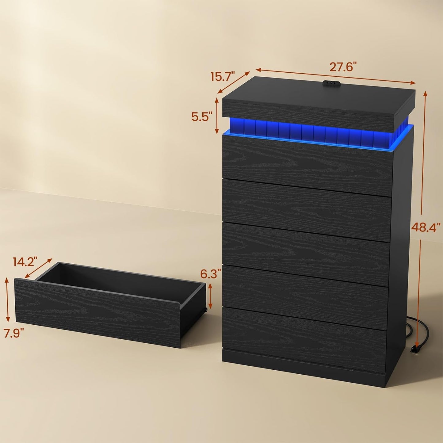 5 Drawers Dresser, Modern Floating Dressers with LED Light and Power Outlet, Chest of Drawer for Living Room, Hallway, Entryway, Black