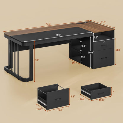 70.9" Executive Desk with Power Outlet, Large Office Desk with Lateral File Cabinet, Modern Computer Desk, Walnut