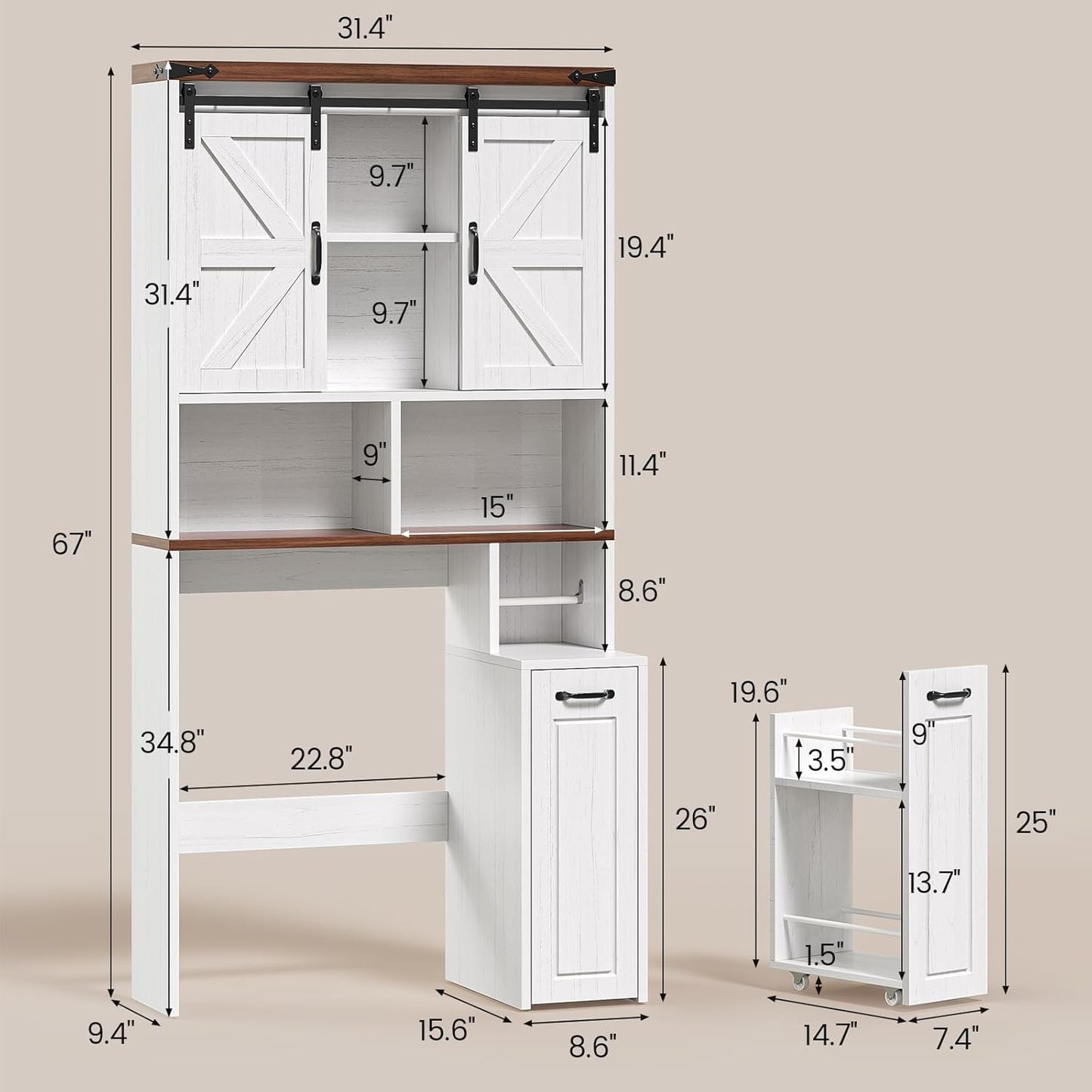 Farmhouse Over The Toilet Storage Cabinet with Pulley, Bathroom Storage Cabinet with Adjustable Shelf and Open Shelf for Bathroom, Restroom, Laundry, White Brown