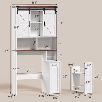 Farmhouse Over The Toilet Storage Cabinet with Pulley, Bathroom Storage Cabinet with Adjustable Shelf and Open Shelf for Bathroom, Restroom, Laundry, White Brown
