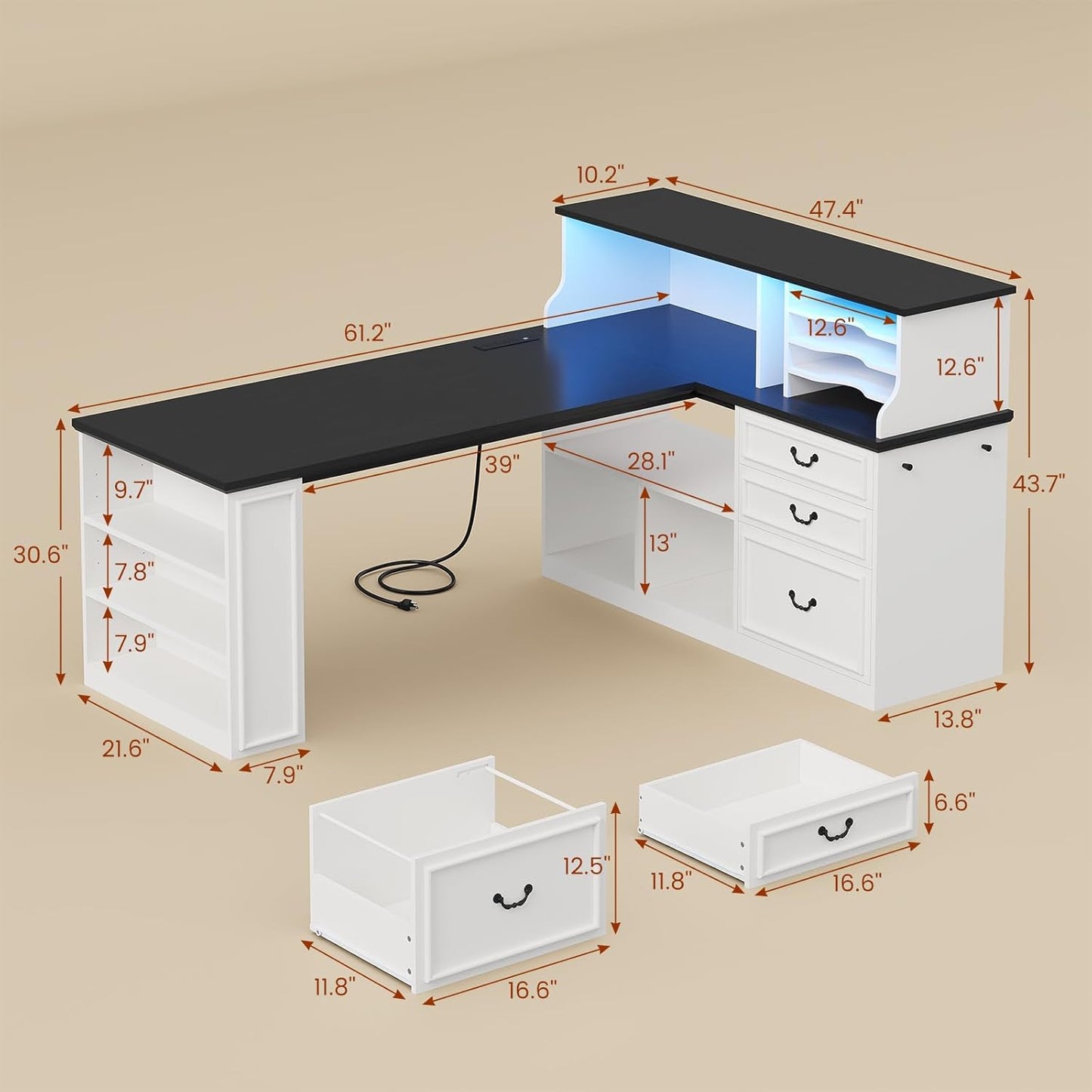 61" Executive Desk, Farmhouse L Shaped Computer Desk with Power Outlets and LED Light, Home Office Desk with 3 Drawers and 4-Tier Paper Organizer, White