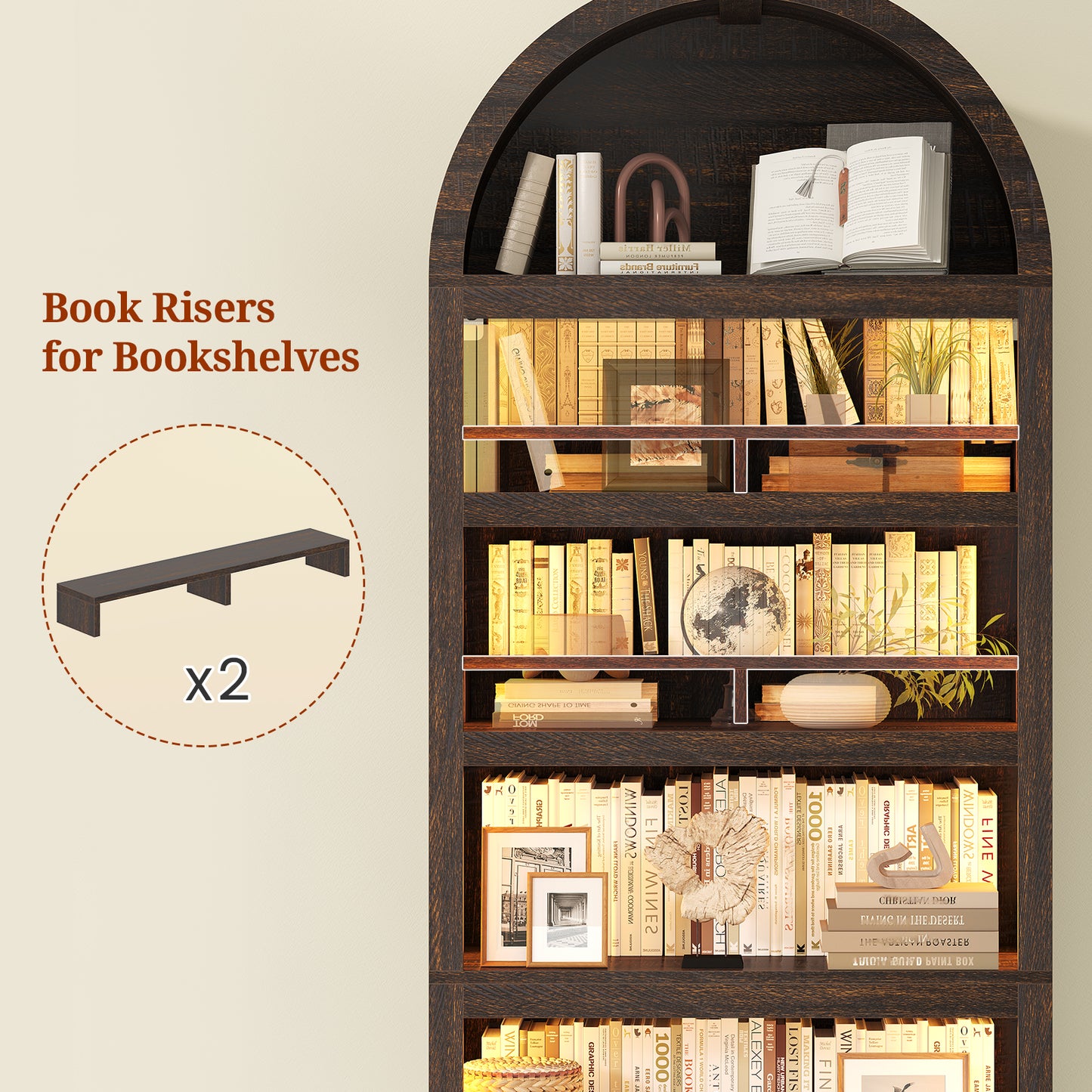 79.4" Tall Arched Cabinet, Modern 7-Tier Bookshelf with RGB Light and Adjustable Shelf, Brown