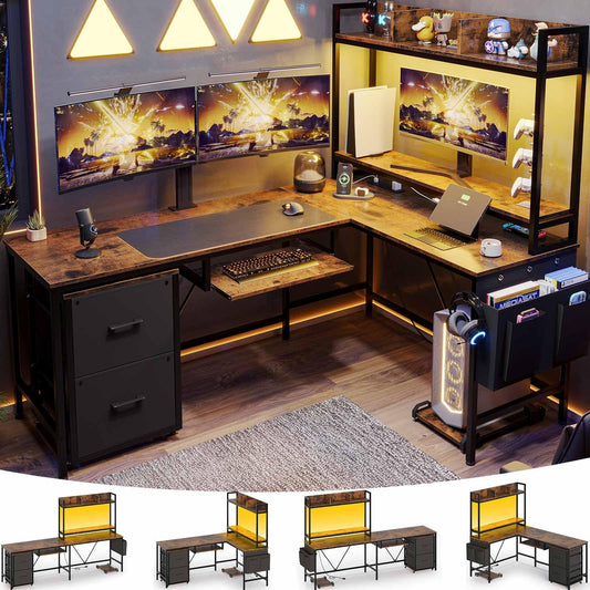 L Shaped Computer Desk with Power Outlet and LED Strip, Reversible Gaming Desk with 2 Drawer and Keyboard Tray, Rustic Brown