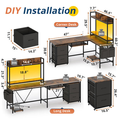 L Shaped Computer Desk with Power Outlet and LED Strip, Reversible Gaming Desk with 2 Drawer and Keyboard Tray, Rustic Brown
