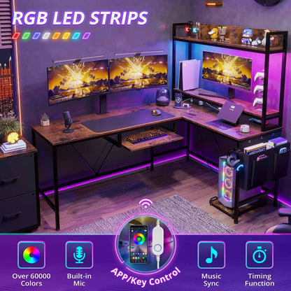 L Shaped Computer Desk with Power Outlet and LED Strip, Reversible Gaming Desk with 2 Drawer and Keyboard Tray, Rustic Brown
